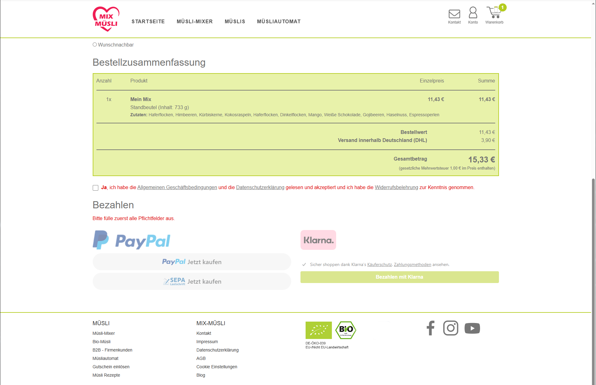 Die Kasse Seite unten mit einer Bestell­zusammenfassung und Bezahlmetrhoden.
