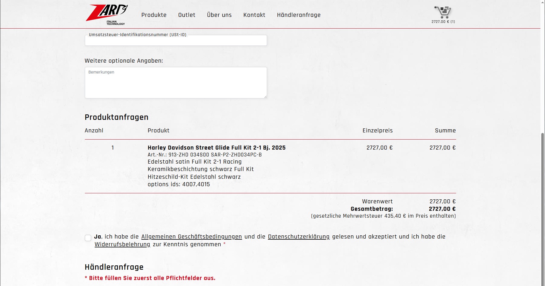 Händleranfrageseite unten mit rechtlichen Informationmen und die Produkte die angefragt werden.