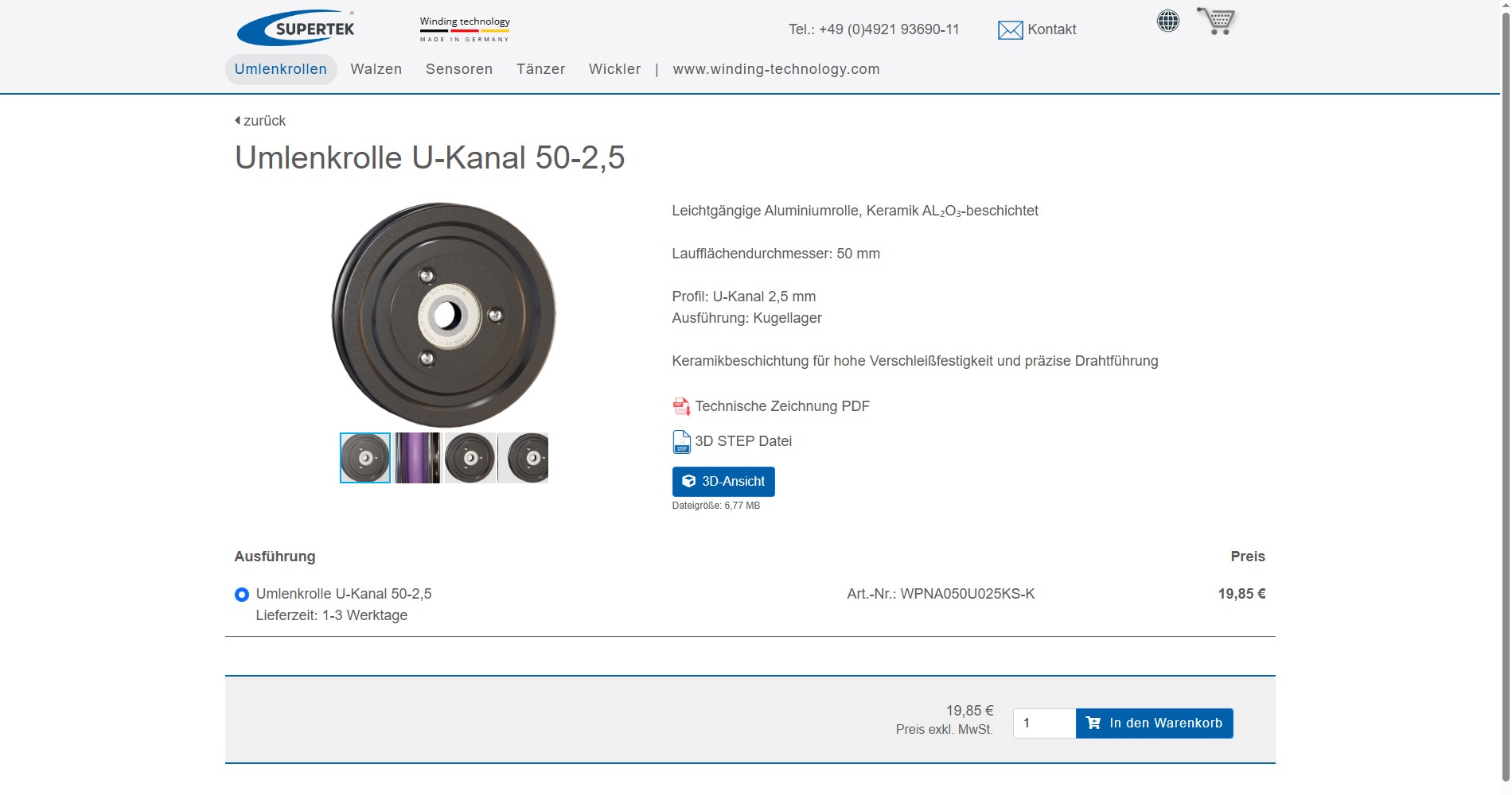 Eine Detailseite vom Produkt Umlenkrolle U-Kanal 50-2,5 mit Bilder, Beschreibung, 3D-Ansicht des Produkts, Technischer Zeichnung, 3D Step Datei und die Möglichkeit dieses in den Warenkorb zu legen.