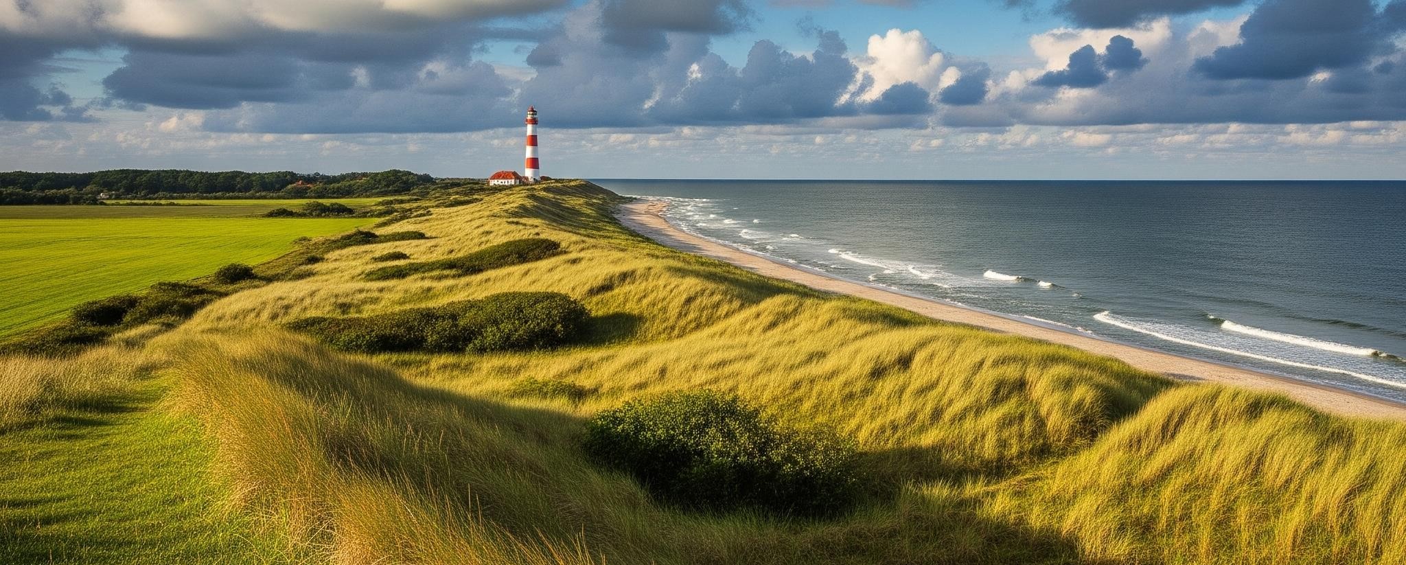 Eine norddeutsche Küstenlandschaft mit Leuchtturm, da unsere Internet- und Softwarefirma in Emden - Ostfriesland ansässig ist.