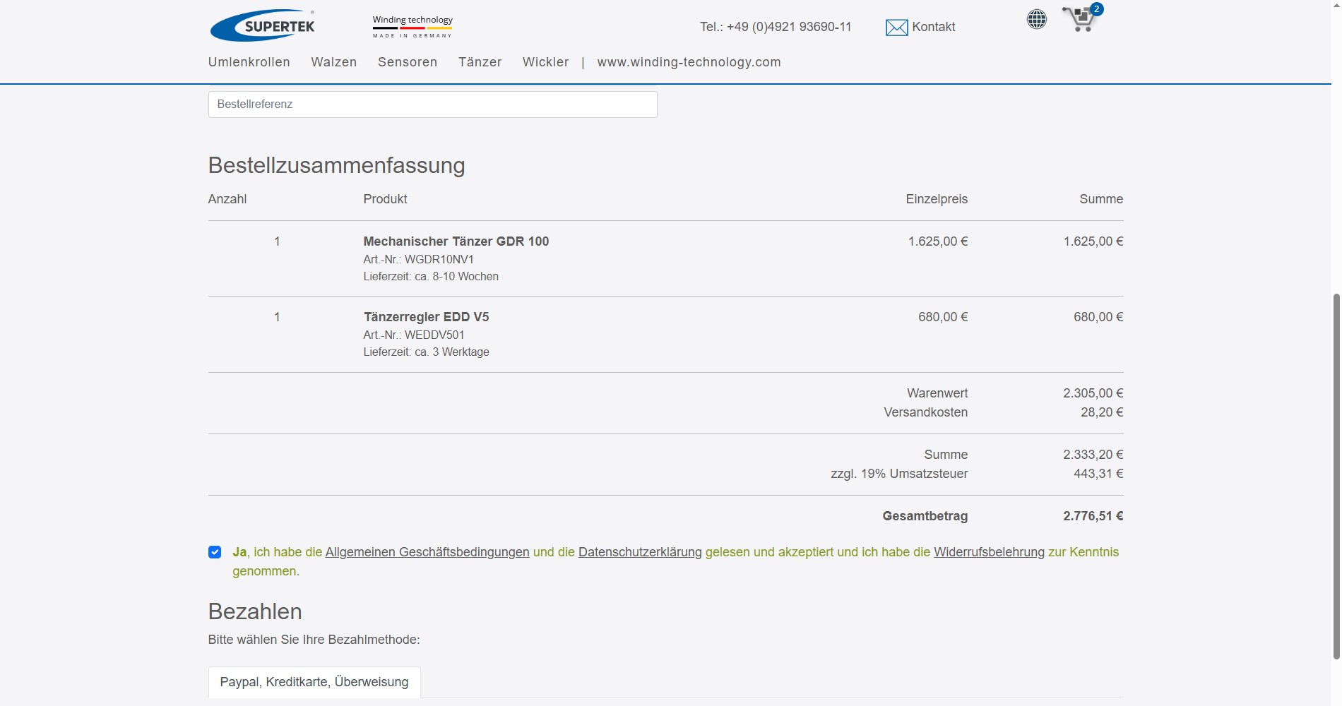 Die Kassenseite unten mit der Bestellzusammenfassung, rechliches und den Bezahlmöglichkeiten.