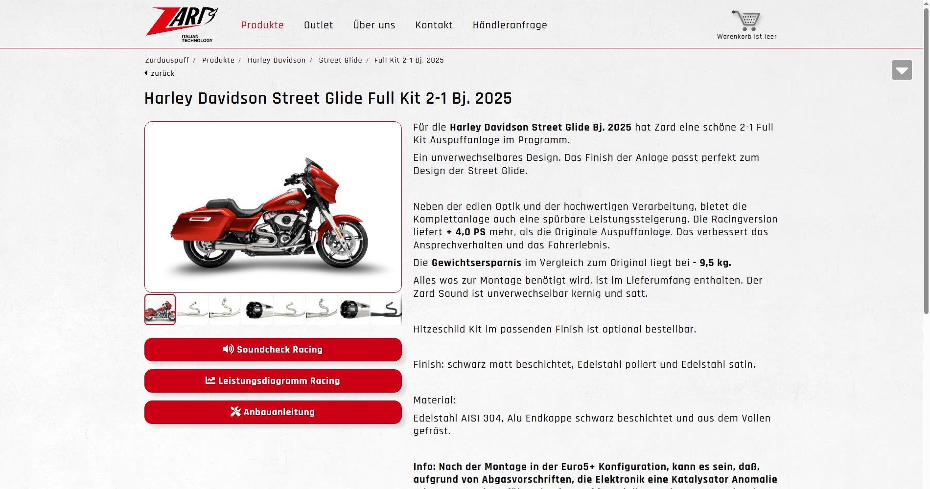 Obere Produktdetailseite von einer roten "Harley Davidson Street Glide Full Kit 2-1 Bj. 2025" mit Beschreibung, Soundcheck und Leistungsdiagramm.