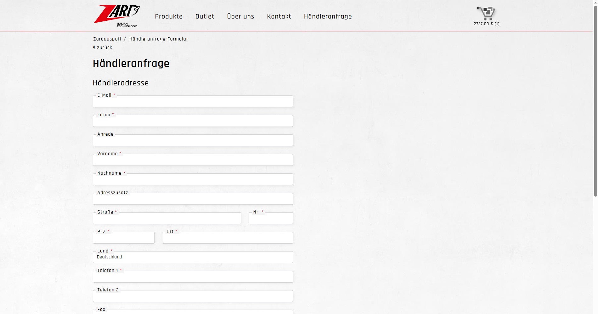 Die Händleranfrageseite mit Formularfeldern für Adressdaten mit Feld für die Umsatzsteuer-ID.
