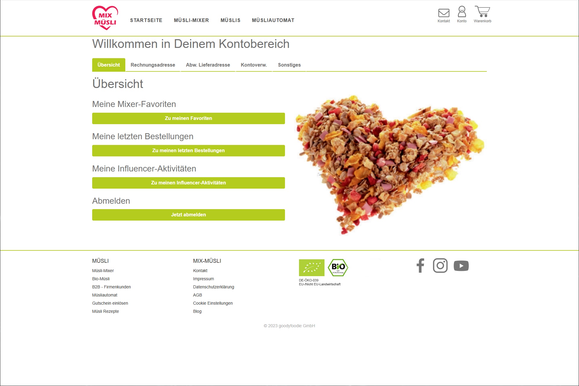 Darstellung des eigenen Kontobereichs im Onlineshop mit Mixer-Favoriten und die letzten Bestellungen.