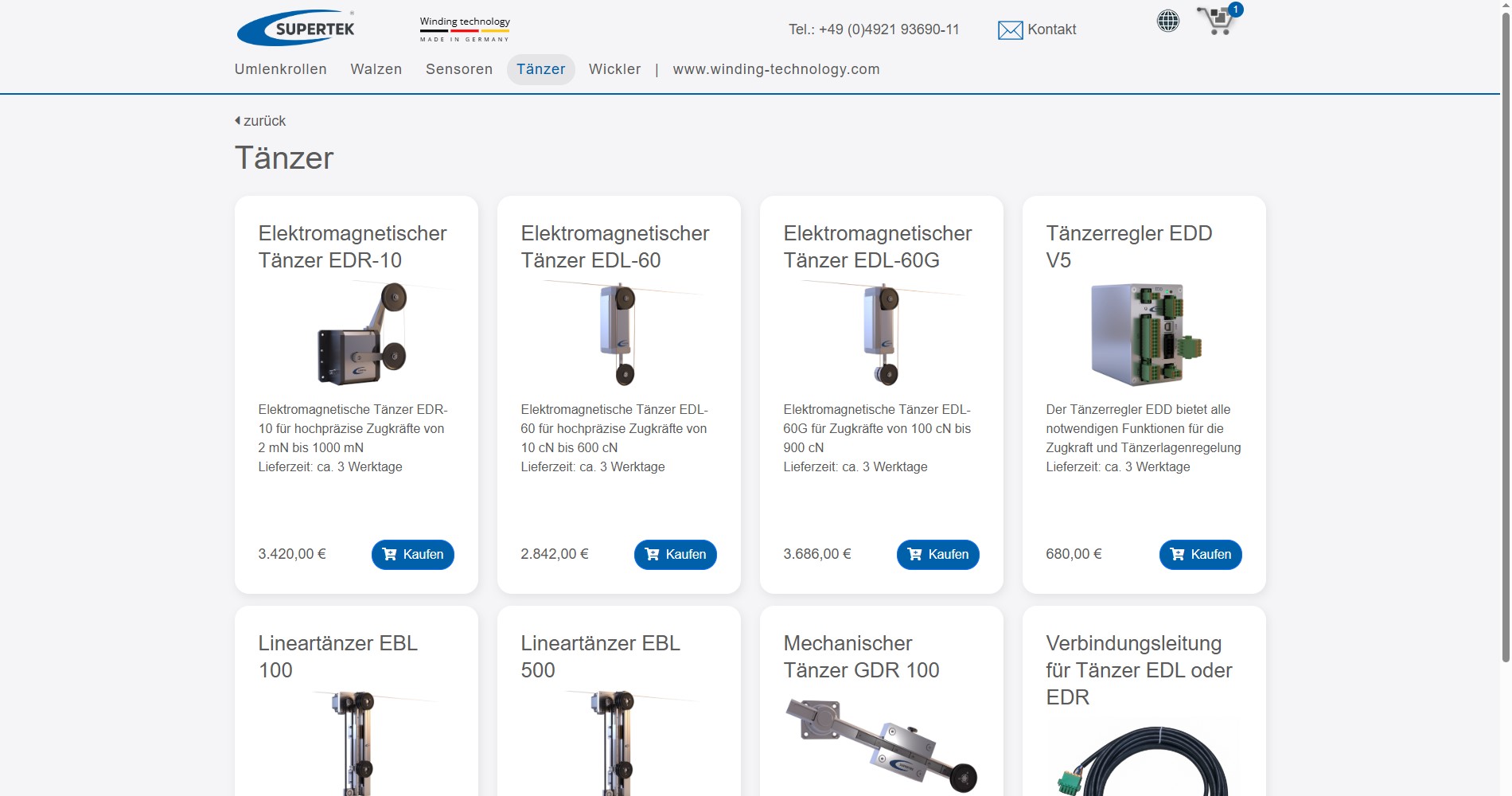 Eine Tänzer-Kategorieseite mit elektronischen Tänzern und Zubehör.
