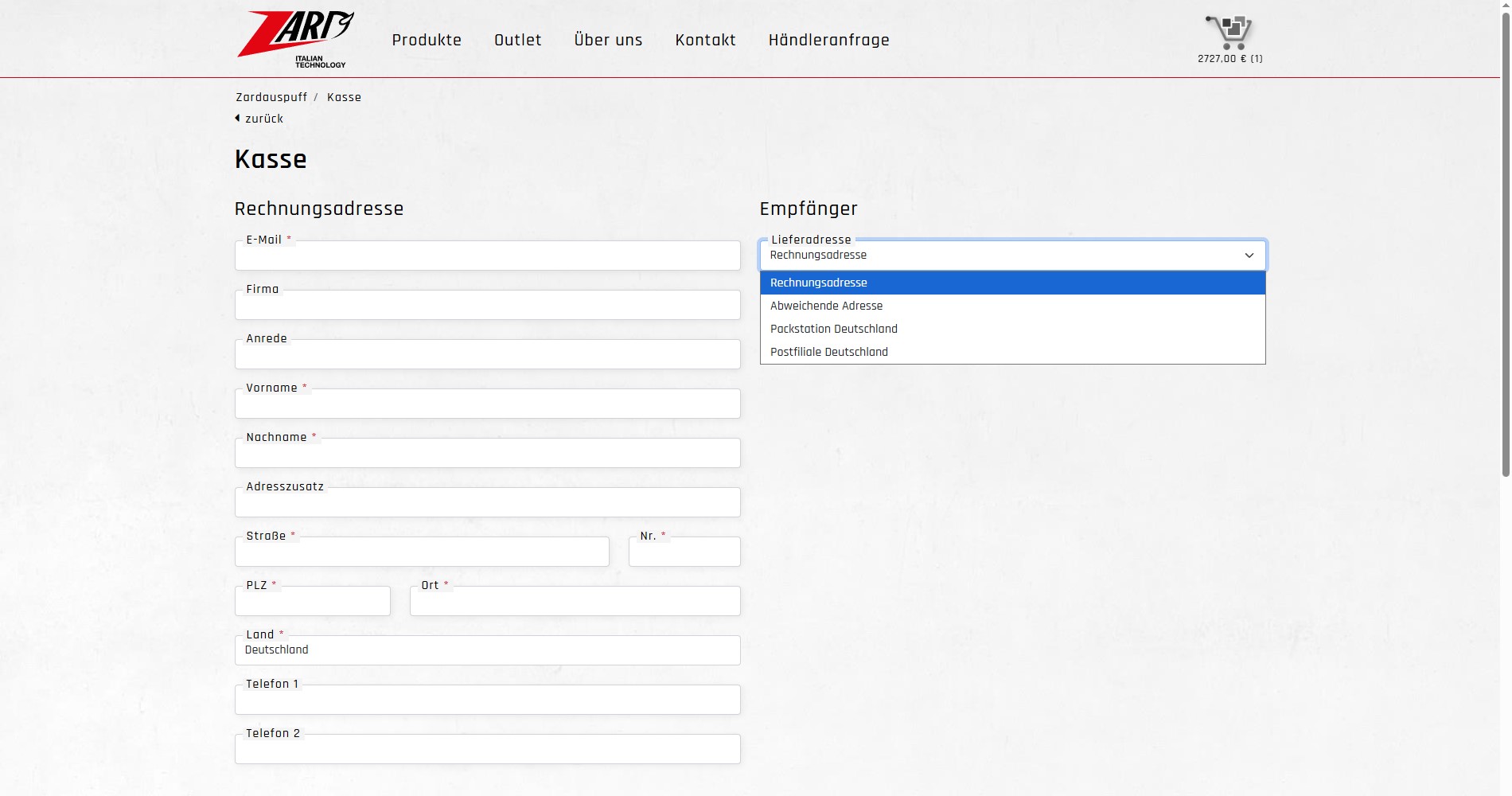 Die Kassenseite mit Rechnungsadresse und der Möglichkeit die Empfängeradresse zu ändern. Auch Packstationen, Postfilialen und Postfach werden unterstützt.