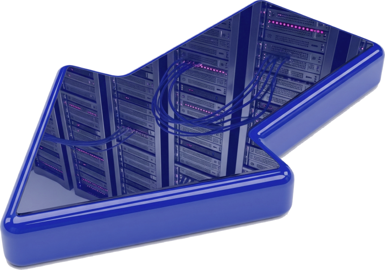 Ein blauer Pfeil auf dem sich Webserver spiegeln und der auf unsere ULTI-Webserverleistungen zeigt.