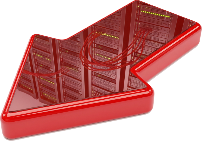 Ein roter Pfeil auf dem sich Webserver spiegeln und der auf unsere ECO-Webserverleistungen zeigt.