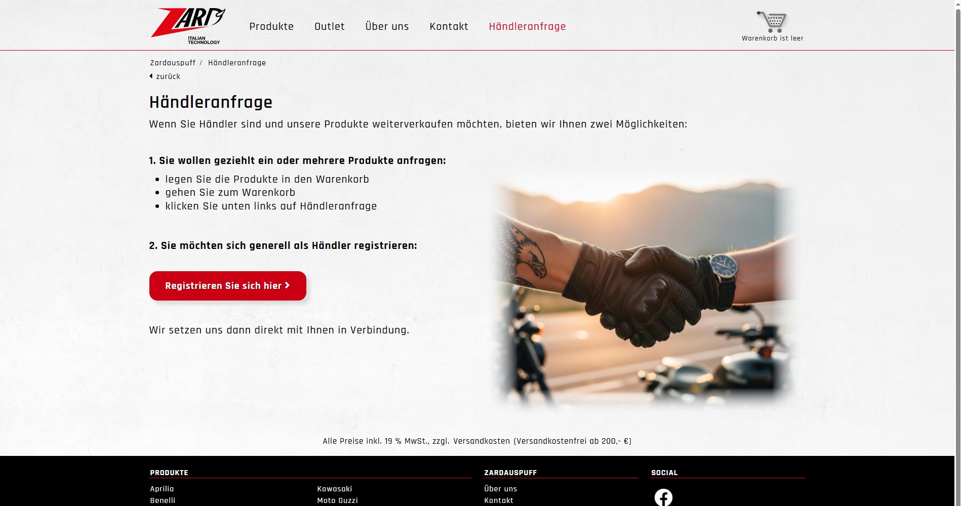 Auf dieser Händleranfrageseite werden die Möglichkeiten für Händler die Produkte weiterverkaufen möchten erläutert. Ein von 2 Motorradfahrerhänden die sich die Hand geben ist zu sehen.