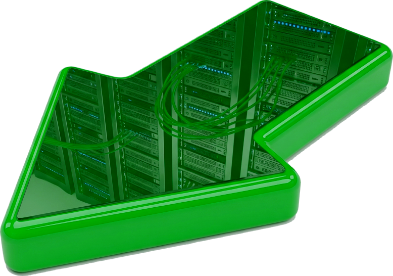 Ein grüner Pfeil auf dem sich Webserver spiegeln und der auf unsere PRO-Webserverleistungen zeigt.