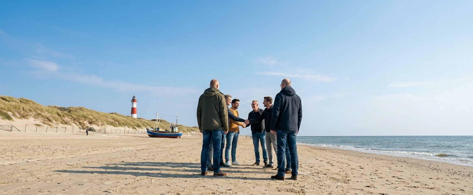 Am Strand mit Küstenlandschaft treffen sich exsys Mitarbeiter mit Werbeagenturfachleuten die sich die Hand um eine Zusammenarbeit zu besiegeln.