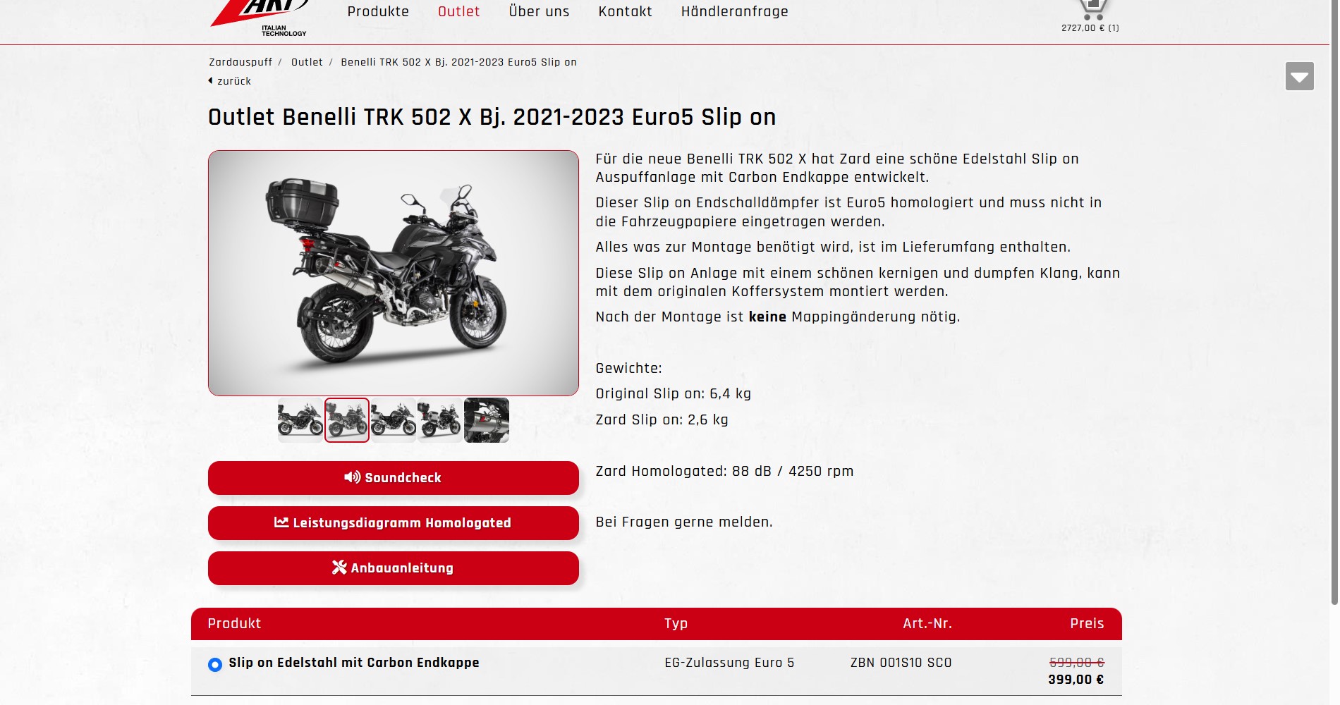 Eine Produktdetailseite von einer "Benelli TRK 502 X Bj. 2021-2023 Euro5 Slip on" im Outlet als Sonderangebot.