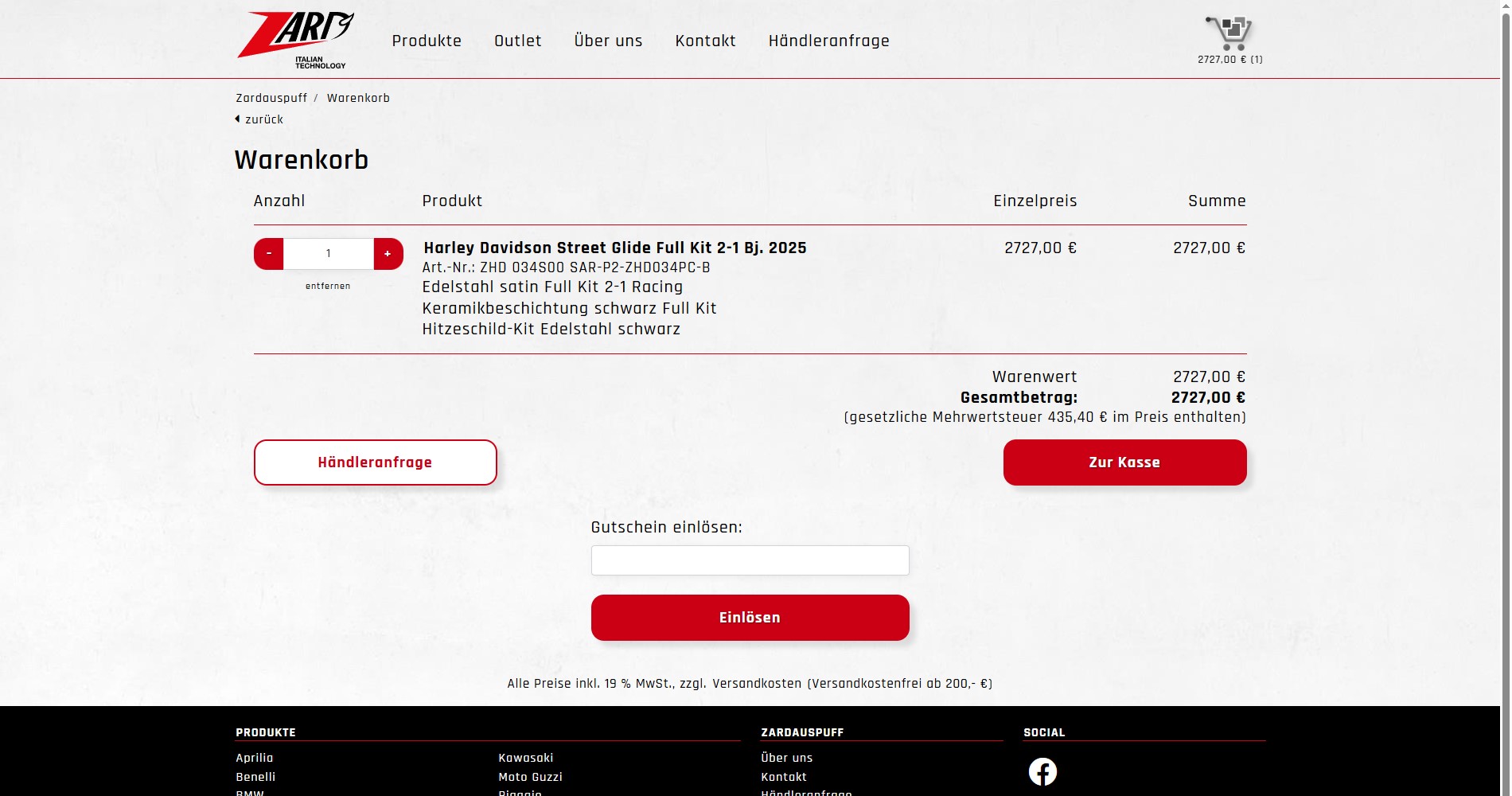 Der Onlineshop Warenkorb mit der Möglichkeit die Anzahl zu ändern, Gutscheine einzulösen, zur Kasse zu gehen oder eine Händleranfrage zu starten.