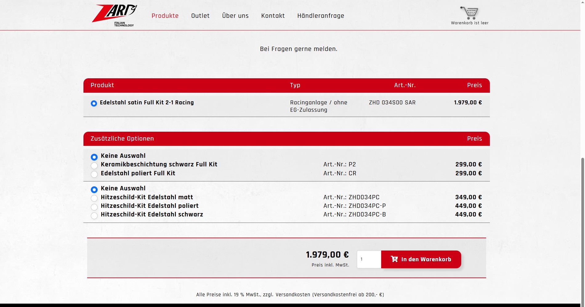 Untere Produktdetailseite von einer roten "Harley Davidson Street Glide Full Kit 2-1 Bj. 2025" mit Produktvariationen, zusätzlichen Optionen und der Möglichkeit diese in den Warenkorb zu legen.